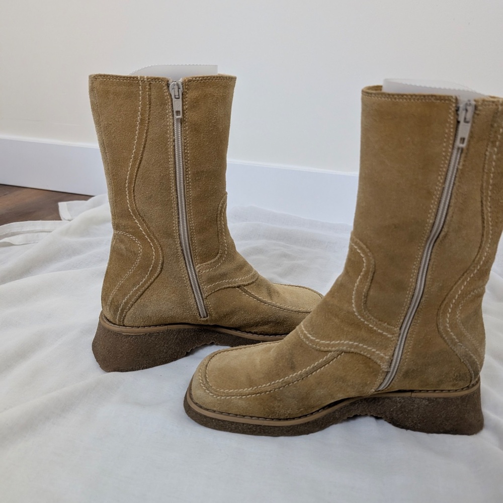 Suede Boots Wedges Calf Height Size 7.5 Square Toe - Picture 10 of 14